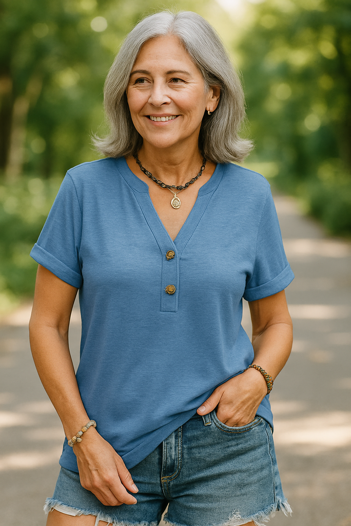 Merisa - Blouse Chic à Col V et Manches Courtes